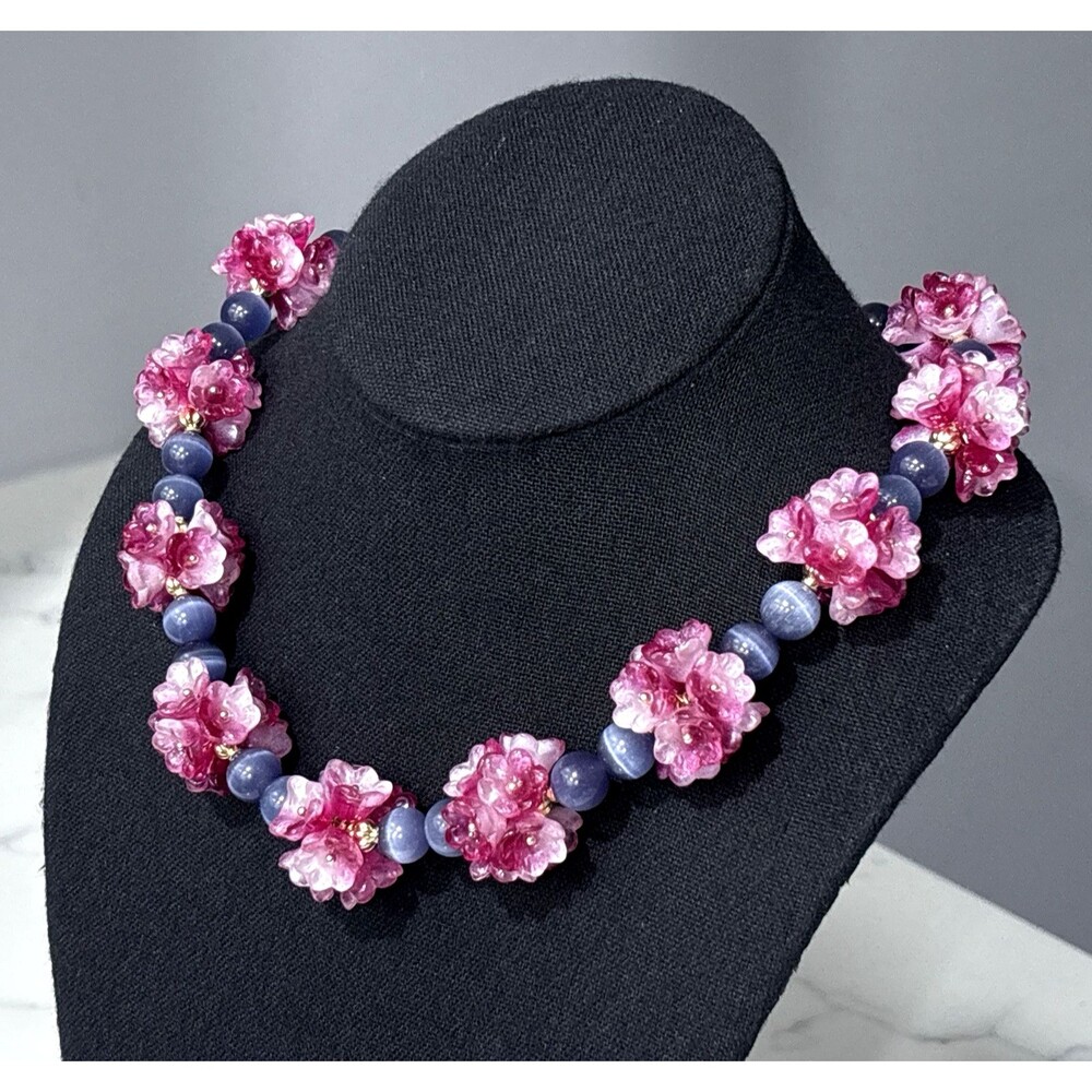 Eyecandy LA Necklace Statement Floral Beaded Purple Flower Cluster Gold Tone NEW